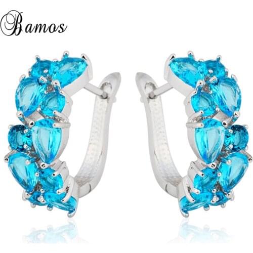 Bamos Luxury Cubic Zirconia Hoop Earrings Elegant Flower Leaf Wedding Earrings For Women Fashion White Gold Filled Jewelry