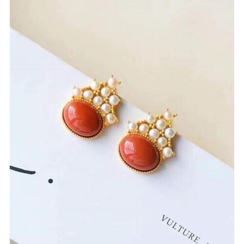 New silver inlaid natural south red synthetic pearl earrings Chinese retro palace style charm womens brand jewelry