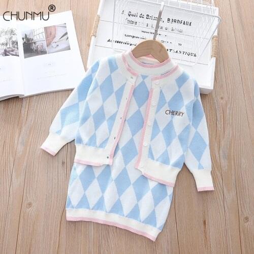 Girls' Sweater Clothes Set Warm Knit Diamond Vest Dress + Long Sleeve Cardigan 2Pcs Suit Girls' Baby Autumn Winter Sweet Set