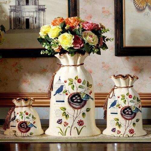 American Antique Ceramics Hand-painted Three-piece Cloth Bag Vase European Home Decoration Handicraft Decoration