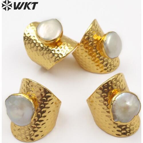 WT-R306 WKT Wholesale 10pcs/lot Natural freshwater pearl rings big size adjustable gold color women rings 2018 new arrivals