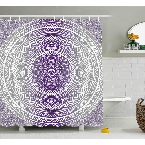 Grey and Purple Shower Curtain Eastern Traditional of Cosmos Zen Boho Ombre Mandala Print Bath Curtain With Hooks For Bathroom