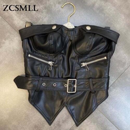 ZCSMLL 2021 Autumn and Winter Three-dimensional Chest Zipper Decoration Belt Waist Street PU Tube Women Black Top Trendy