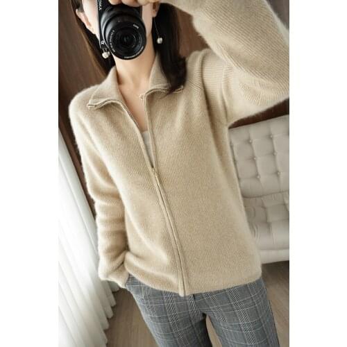 Zocept Womens Street Wear Cardigans Pure Wool Knitted Thread Turn-Down Collar Sweater Jacket All-Match Casual Outer Wear Coat