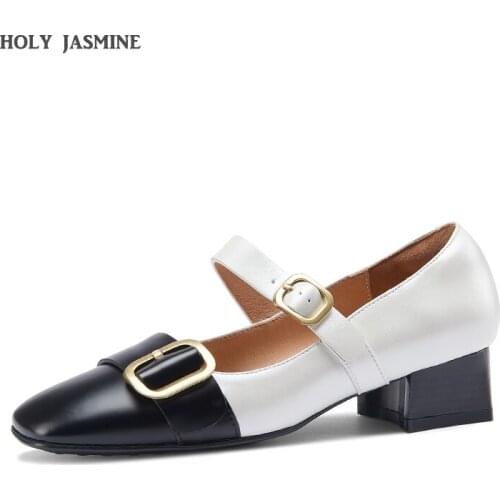 Female Sandals Metal Buckle Chunky Heels Pumps for Women Fashion Newest 2021 Spring Genuine Leather Working Shoes Woman Heels