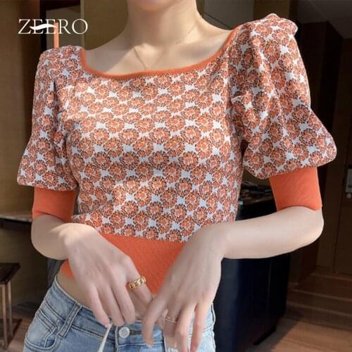 2021 Summer Women Sweet Sexy High Waist Short Top Female Printing Lantern Half Sleeve Square Collar Strapless Vintage Casual Top