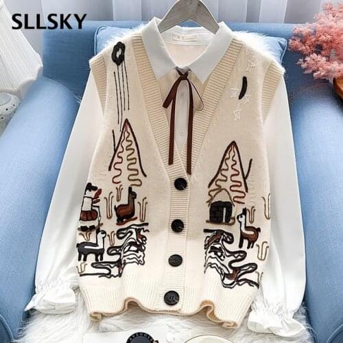 SLLSKY Animal Embroidery Women Sweater Vest Single Breasted Sleveless Simple Vest V-Neck Knitting Sweater Female Vintage Vest