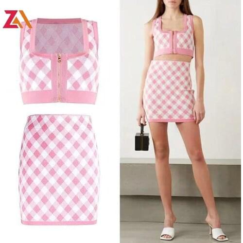 ZALady Women Celebrity Square Collar Pink Plaid Knitted Zipper Sexy Short Tank Tops and mini skirts suit Summer two piece sets