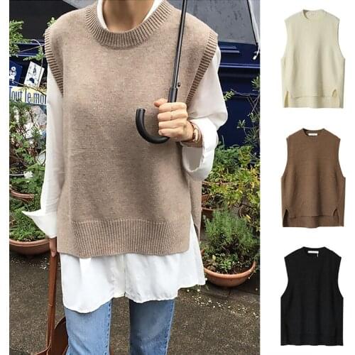 Women Knitted Sweater Vest Spring Winter Solid O-Neck Sleeveless Korean Female Waistcoat Outerwear Pullover Tops Chic Leisure