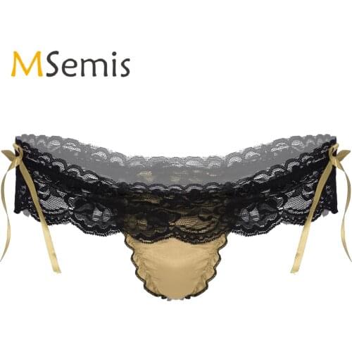 Sissy Underwear with Bowknot Sexy Gay Mens Lingerie Ruffled Lace T-back Sexy Skirted Panties Patchwork G-string Briefs Underpant