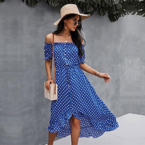 Spring Summer 2021 New Womens Sexy Slash Neck Polka Dot Print Dress Elegant Ladies Tassel Button Off The Shoulder Dress