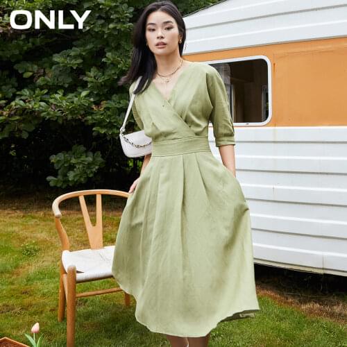 ONLY spring retro temperament fashion elastic waist V-neck short-sleeved dress female | 120207557