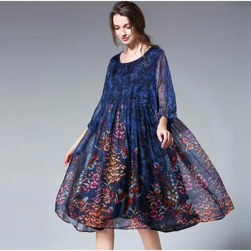 Women print Chiffon dress Plus size dresses loose Elegant dress High waist crew neck Big yards oversize dress XL to 4XL summer