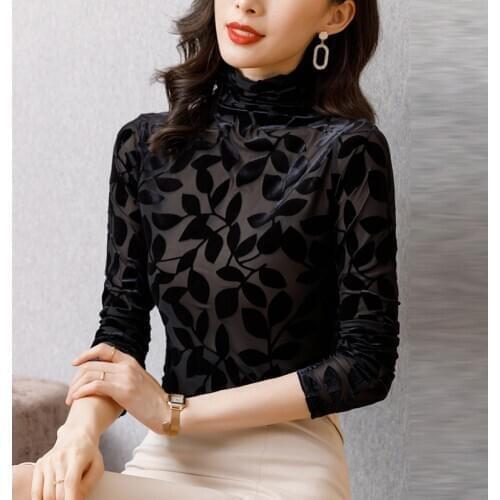 AOSSVIAO Velvet Blouse 2020 Autumn Winter Women Shirts Long Sleeve Turtleneck Basic Lady Warm Vintage Blusas Femme Tops