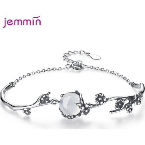 Classic Flower & Moon Round Natural Chalcedony 925 Sterling Silver Bracelet Pulseras Mujer Moda Fashion Hand Chain