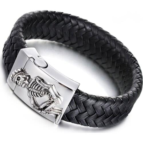 Jewels Store Leather Wide Wristband Mens Bracelet Skull Prince Stainless Steel Punk Jewelry Gift For Man