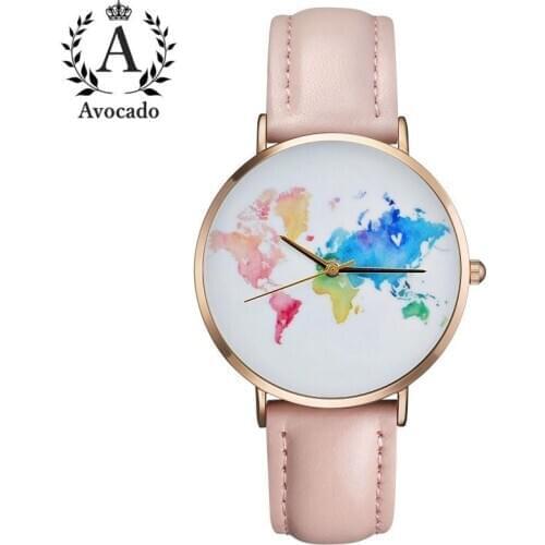 Fashion Women Watches World Map Travel Leather Watchband Ladies Quartz Wristwatches Gifts For Girls
