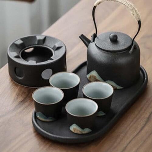 Black pottery tea set set home office Japanese-style handle pot tea cup tea warmer Kung Fu tea set dry tea tray set