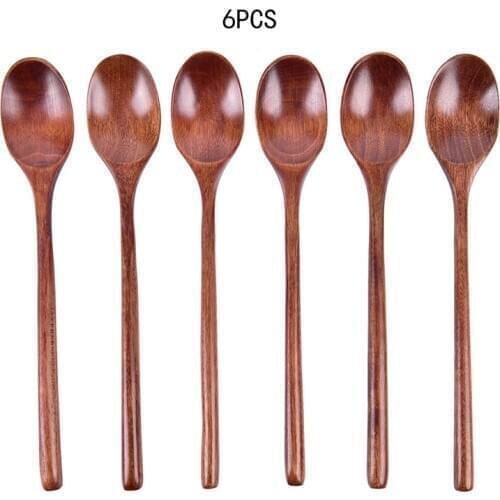 6pcs/Lot Wooden Spoons Wood Soup Spoons For Eating Mixing Stirring Cooking, Long Handle Spoon With Japanese Style Kitchen Tool