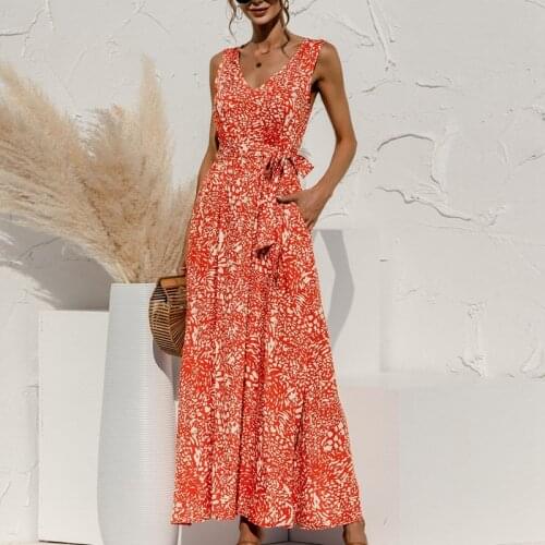 Uclio Summer Boho Maxi Dress Women Elegant Party Dresses Ladies V Neck Floral Dress Sleeveless with Pocket