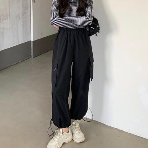 Summer Womens Cargo Pants High-Waist Elastic Drawstring Loose And Thin Wide-Leg Pants, Womens Straight-Leg Trousers
