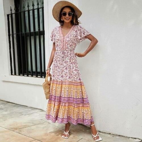 Summer Boho Clothing 2021 Vacation Bohemian V-neck Short Sleeve Draped Floral Printed Pleated Long Dresses for Women