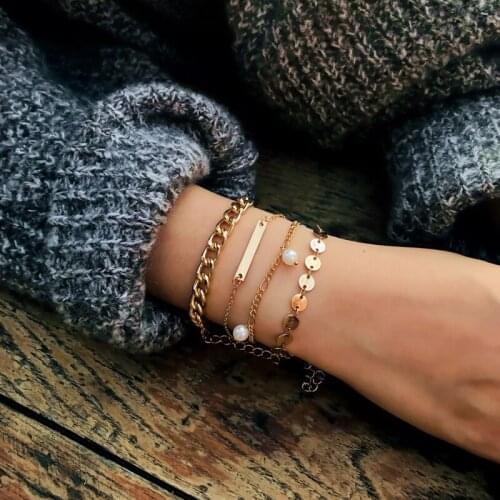 CANZE Bracelet Multilayer Pearl Sequin Bracelet Fashion Naked Chain Long Piece Bracelet 4PCS