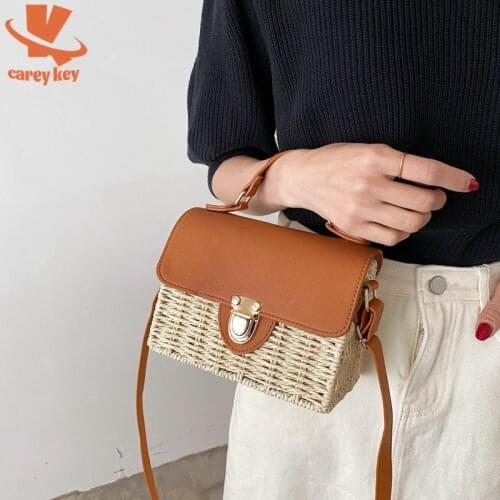 CAREY KEY Fashion PU Straw Ladies Handbag 2021 Summer New Vintage Rattan Bag Bohemia Weave Beach Travel Shoulder Messenger Bag
