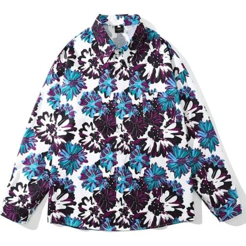 Male Harajuku Button Shirts Streetwear Fall Long Sleeve Oversize Blouse camisa masculina Mens Floral Print Hawaii Beach Shirts