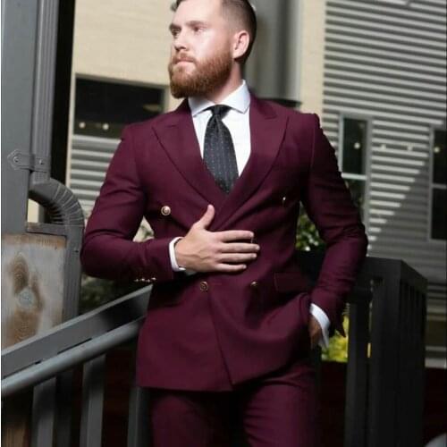 2021 Formal Business Office Burgundy Men Suits With Pants Double-Breasted Groomsmen Peaked Lapel Groom Tuxedos Men Wedding Suits
