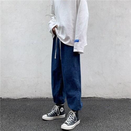 2021 Summer Korean Fashion Mens Tight-Fitting Jeans Elastic Band Slimming Casual Loose Denim Trousers Mens Streetwear
