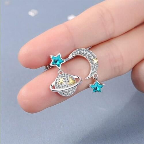 Newest Starry Universe Asymmetric Stud Earrings Sea Blue Pentagram Star Moon Micro Crystal Pave Lovely Earring Jewelry Gift