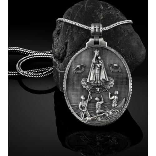 Virgin Mary Commemorative Medal Catholic Pendant Necklace Christian Accessories Vintage Mens Religious Necklace