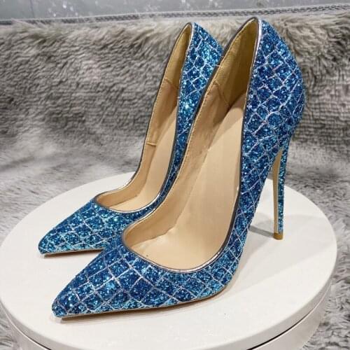 Sexy bling stiletto blue shoes pointed toe 8cm 10cm 12cm high heels party work dating daily wear big size pumps LF026 ROVICIYA