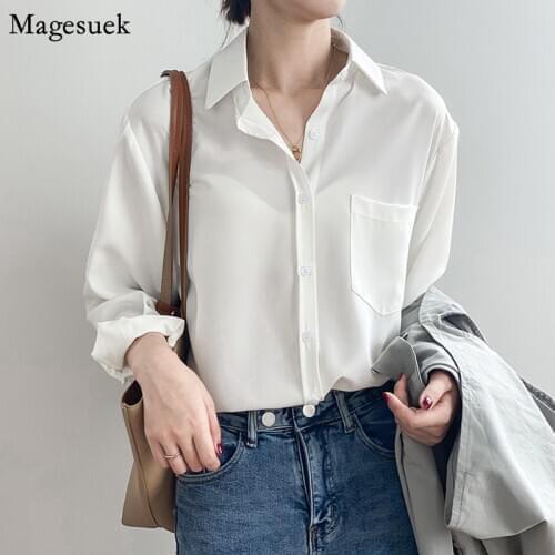 Spring Summer Loose Oversize Shirt Women Turn-down Collar Solid White Blouse Female Shirts Casual Tops For Women Blouses 11354