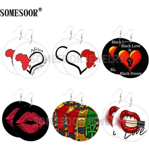 SOMESOOR African Heart Love Ankh Lips Wooden Drop Earrings Black Power Art Design Both Sides Printed Wood Dangle For Women Gifts