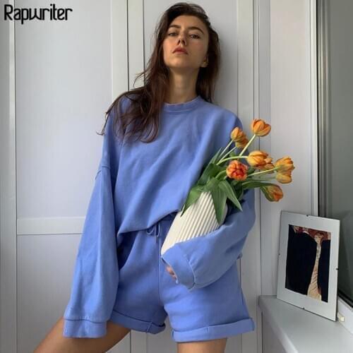 Rapwriter Casual Solid Color Tracksuit Women 2 Piece Set Summer Autumn Oversize Sweatshirt+Drawstring Shorts Sweat Set Outfit
