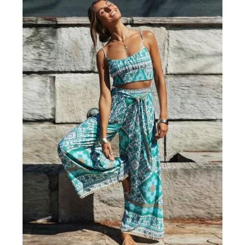 TEELYNN 2020 Wide-leg pants and Crop Top suit beach Bohemia cotton Womens Summer Two Pieces Set Ladies Boho Floral Suits Casual