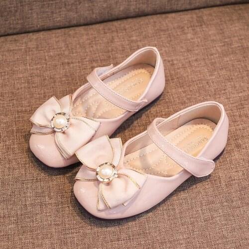 Lovely Bowknot Pearl Single Shoes Girls Princess Shoes Hook Loop Children Leather Shoes Sweet Kids Dancing Flat Shoes Moccasins