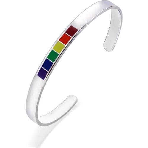 Y1UE Rainbow Love Pride Bracelets Lesbian & Gay Stainless Steel Enamel Cuff Bangle