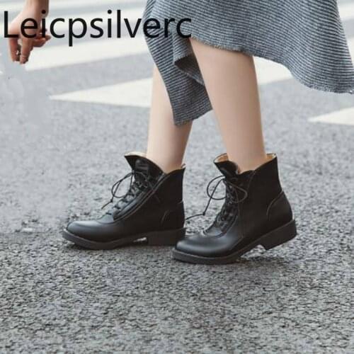 Womens Boots Autumn And Winter New fashion Round head Lace-up Thick heel Low-heeled Short tube Womens shoes plus size 34-43