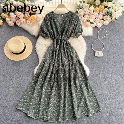 Women Bohemian Floral Dress Korean Sweet Puff Sleeve V Neck A-line Dresses Summer Fashion Streetwear Print Midi Dress