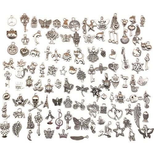 100pcs/lot Tibetan Silver Mixed Styles Charms Pendant Dangle Metal Jewelry Fit Necklace Bracelet Making DIY For Women Men