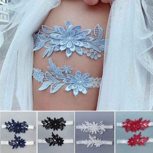 2pcs Wedding Garter Navy White Embroidery Floral Sexy Garters Women/Female/Bride Thigh Ring Bridal Lace Leg Ring Loop