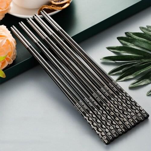 5Pairs New Cutlery Set Stainless Steel Chopsticks Length Black Flower Patters Food Sticks Portable Reusable Chopsticks Non-slip