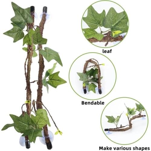 C1FA Reptile Plants Climber Vines Flexible Leaves with Suction Cups Jungle Habitat Decor for Lizard Gecko Snake 2 Set