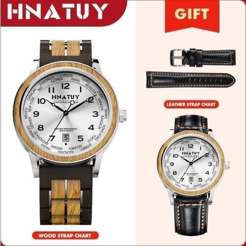 Hnatuy Mens Watches Quartz Wooden Watch Men Water Resistant Mens Clock Wristwatch Stainless Steel Fashion Business Watch Male