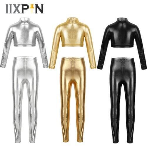Kids Girls Dancewear Jazz Ballet Clothes Metallic Tops+High Waist Pants Sets Gym Workout Fitness Trousers Skinny Leggings