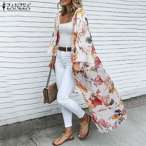 Bohemian Floral Printed Long Kimono ZANZEA Summer Cardigan Women Casual Open Front Long Sleeve Beach Blouse Vintage Shirt Tops