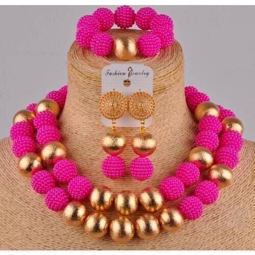 Fuchsia pink costume african jewelry set simulated pearl necklace nigerian wedding bridal jewelry sets for women FZZ39